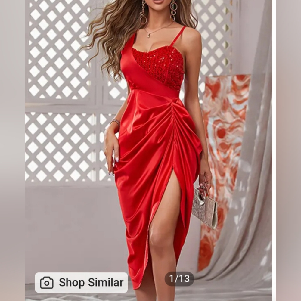 Satin Contrast Sequin Split Thigh Ruched Party Dress